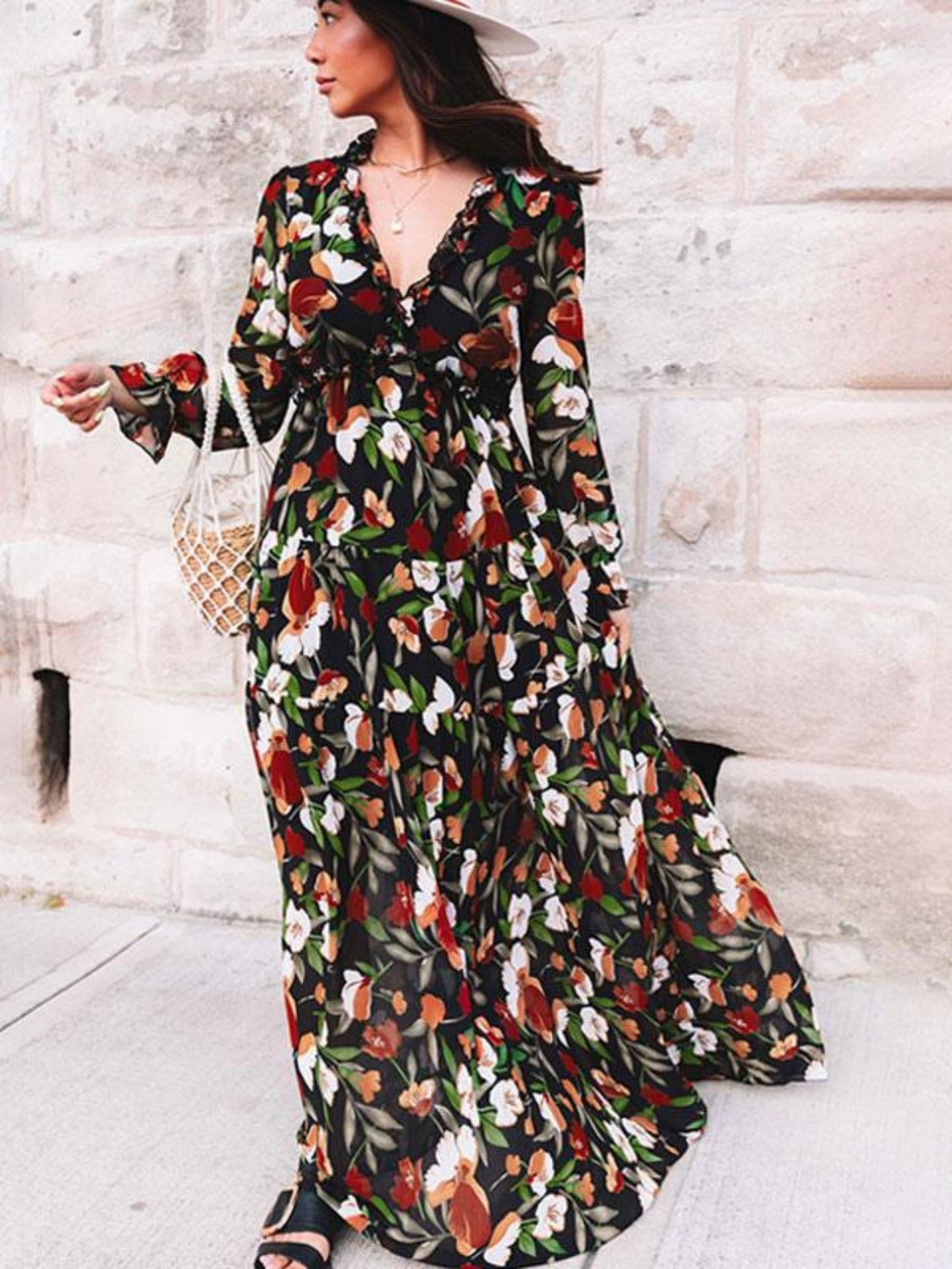 Floral Print V-neck Lantern Sleeves Maxi Dresses