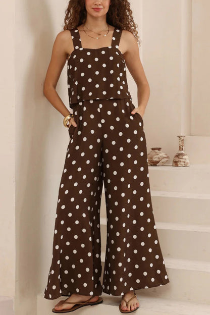 Polka Dot Print Loose Sleeveless Casual Wide-leg Jumpsuit