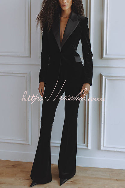 Delicate Daze Velvet Satin Lapel Button Up Long Sleeve Tapered Waist Blazer