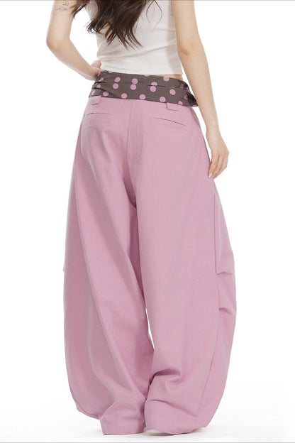 Splice Polka Dot Fold Waist Pants
