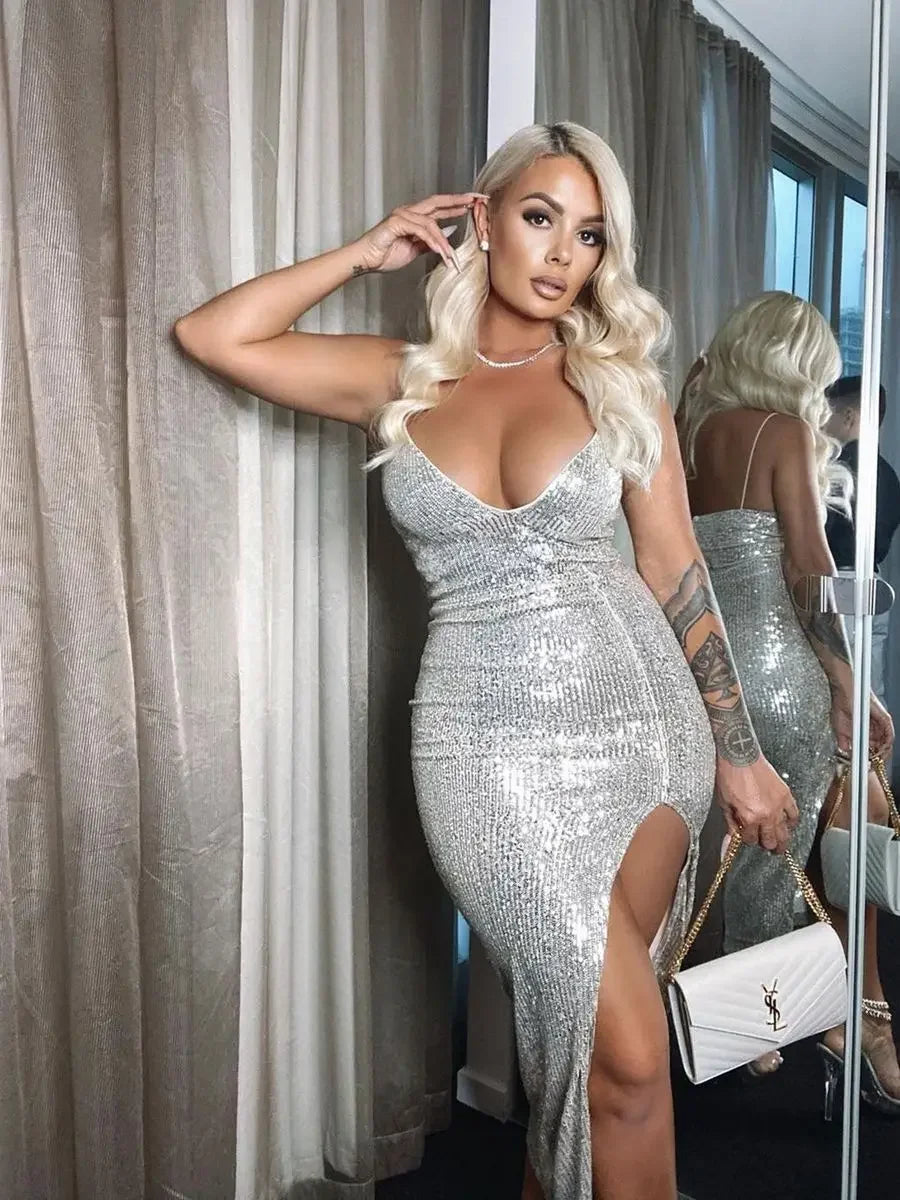 Glitter V-Neck Split Party Dress