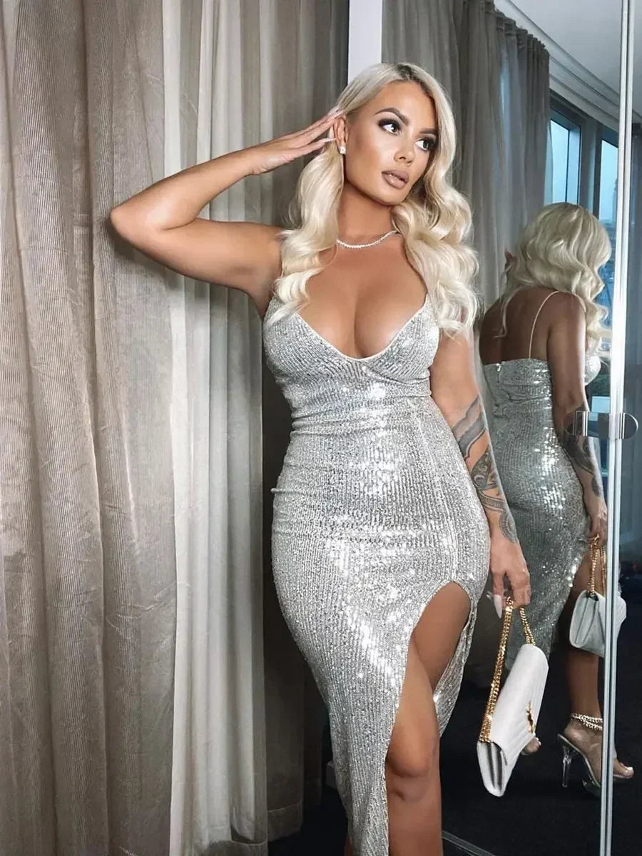 Glitter V-Neck Split Party Dress