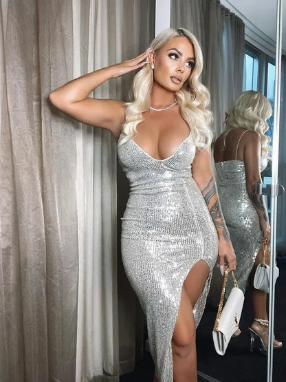 Glitter V-Neck Split Party Dress