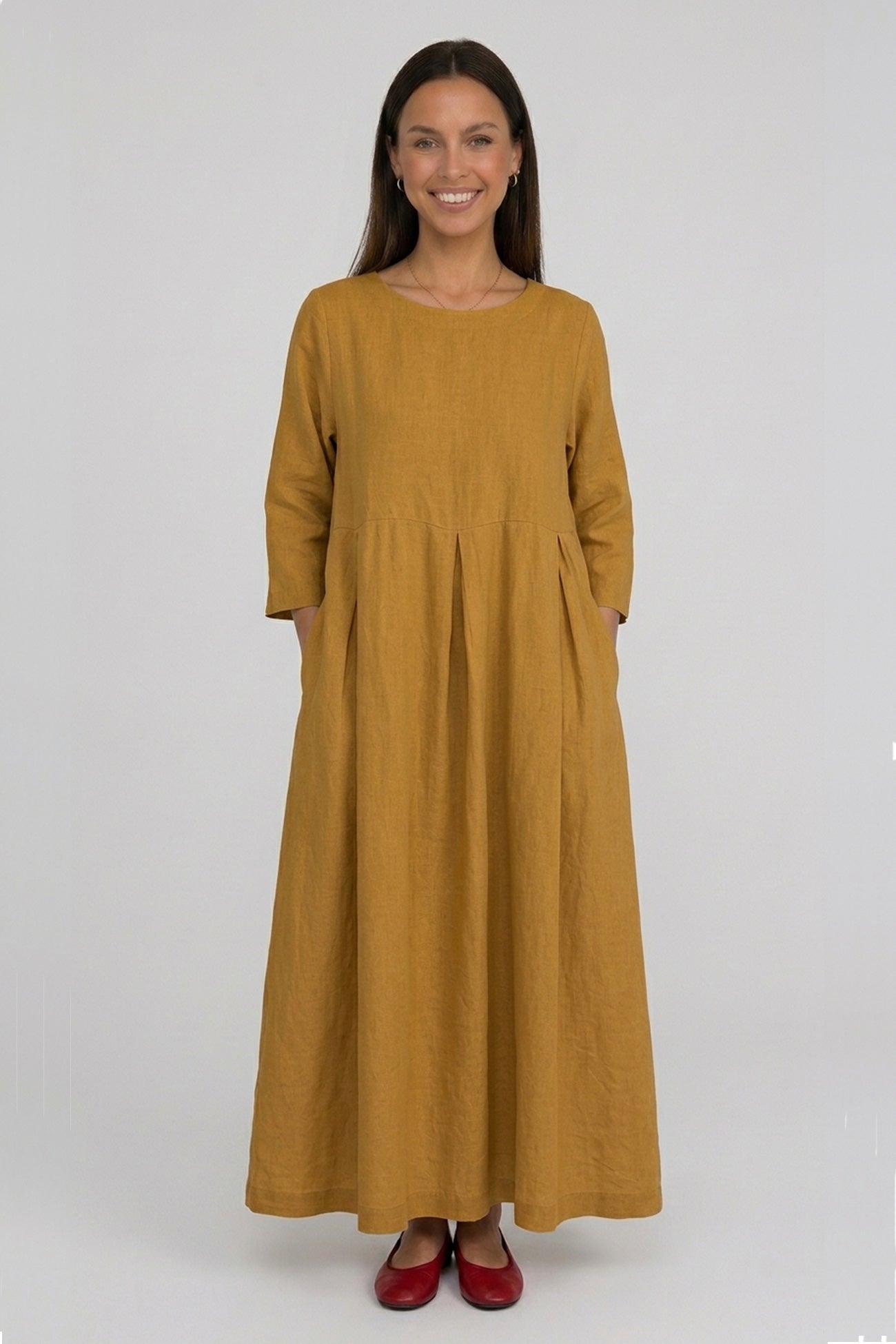 Cotton Linen Long Sleeve Loose Midi Dress