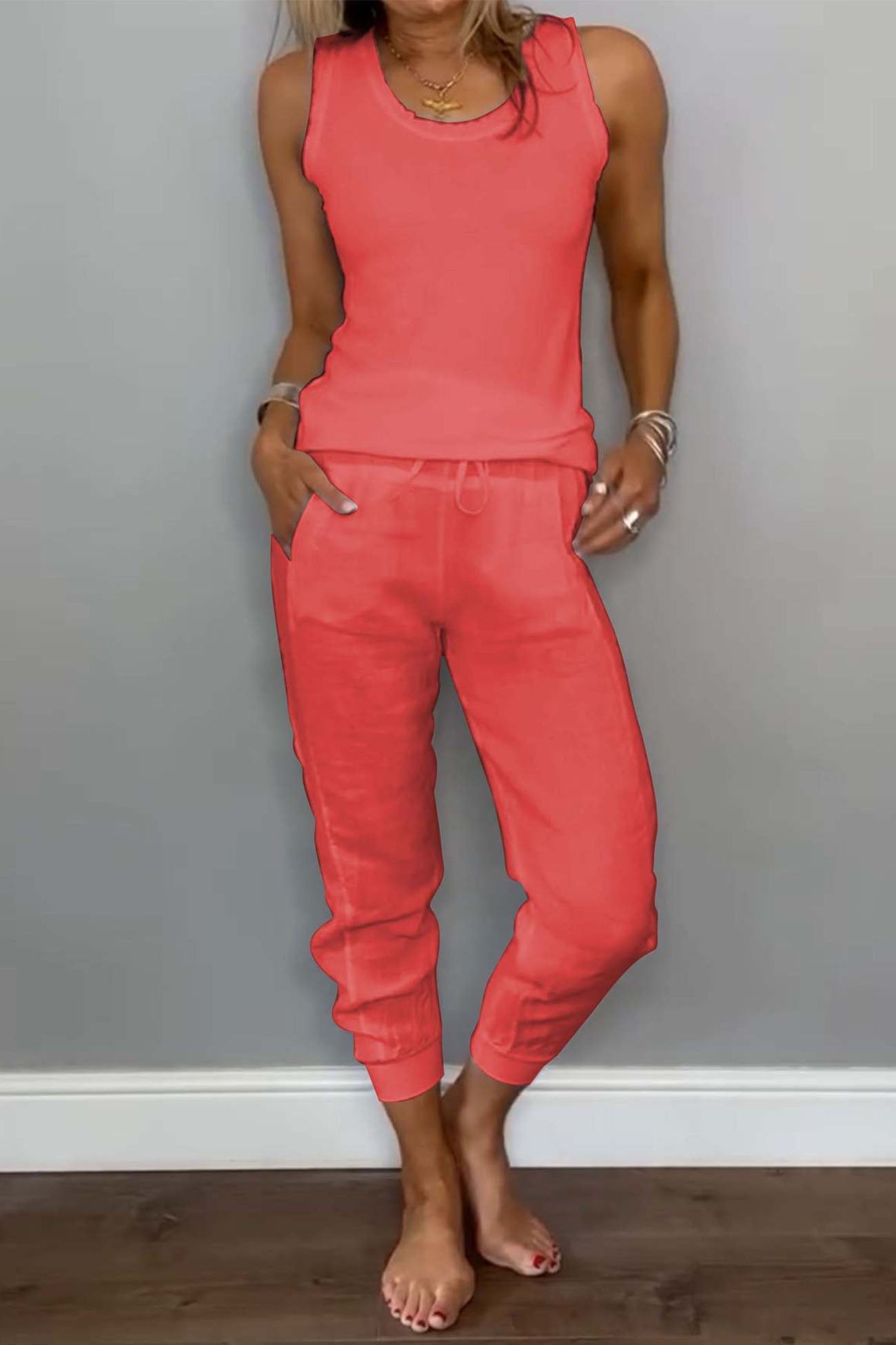 Cotton Drawstring Sleeveless Pocket Two Piece Set