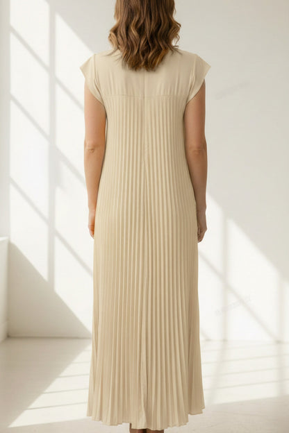 Crew Neck Cap Sleeve Pleated Dress