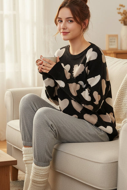 Crew Neck Beaded Heart Pullover Knit Sweater