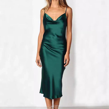 Elegant Satin Long Dresses Green Party Sexy Evening Backless Summer Party Dress