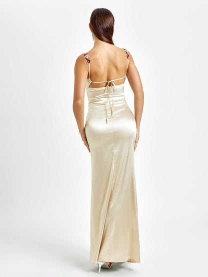 Embellished Strap Tie Back Satin Bodycon Dress