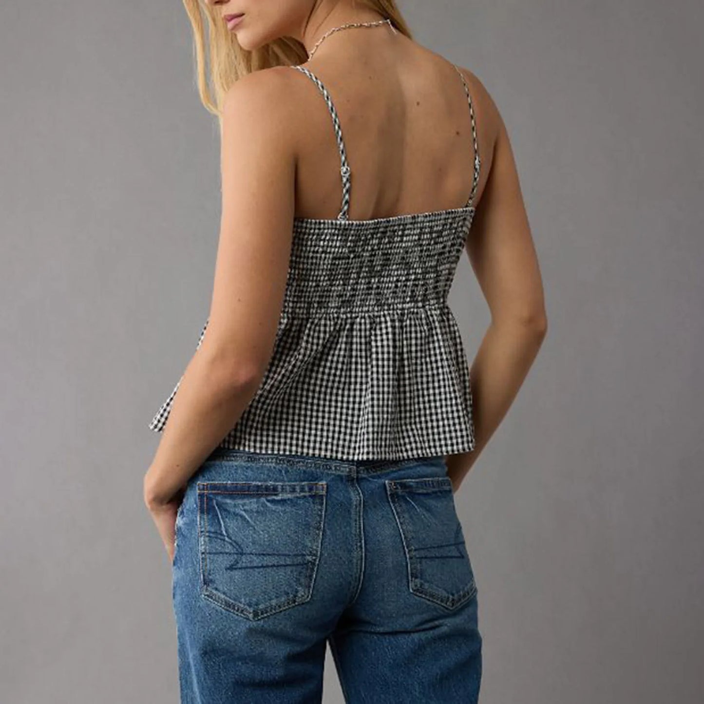 Smocked Gingham Peplum Crop Top