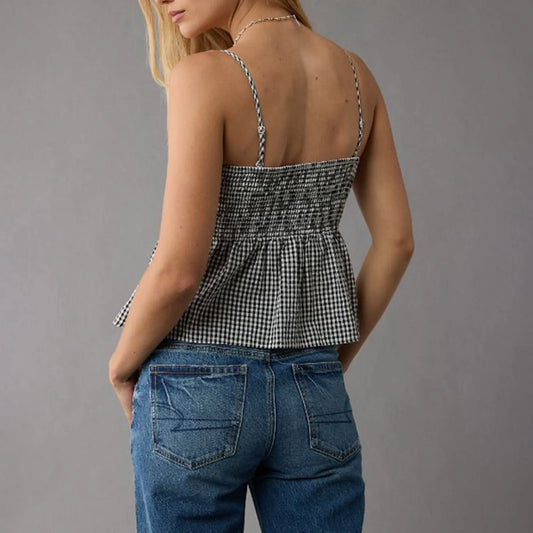 Smocked Gingham Peplum Crop Top