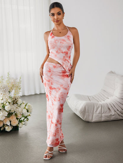 Halter Embellished Floral Top&Bodycon Skirt