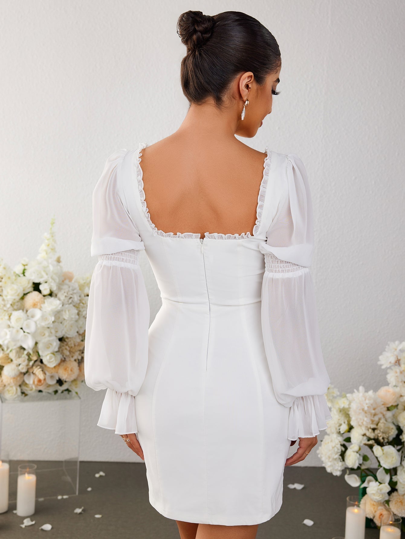 Lantern Sleeve Tie Front Backless Bodycon Dress