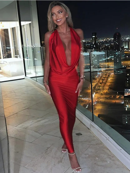 Elegant Satin Deep V Neck Sleeveless Maxi Party Dress