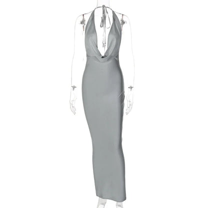 Elegant Satin Deep V Neck Sleeveless Maxi Party Dress