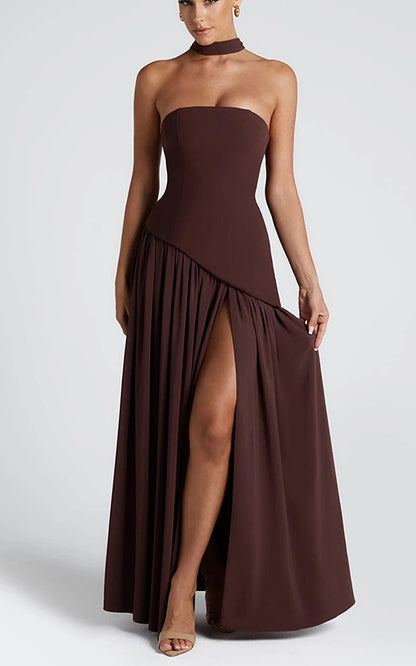  Strapless Back Lace-up High Slit Splice Maxi Dress