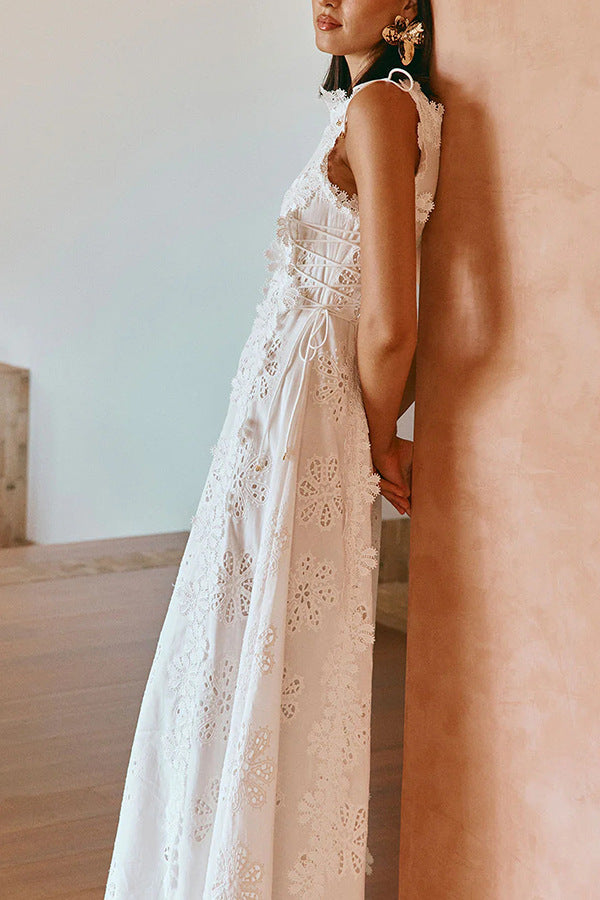 Mairi Embroidery Hollow Fabric Delicate Flower Trim Side Lace-up Maxi Dress