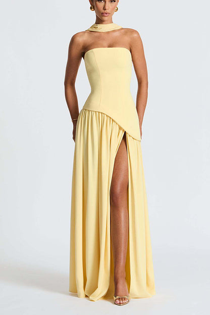  Strapless Back Lace-up High Slit Splice Maxi Dress