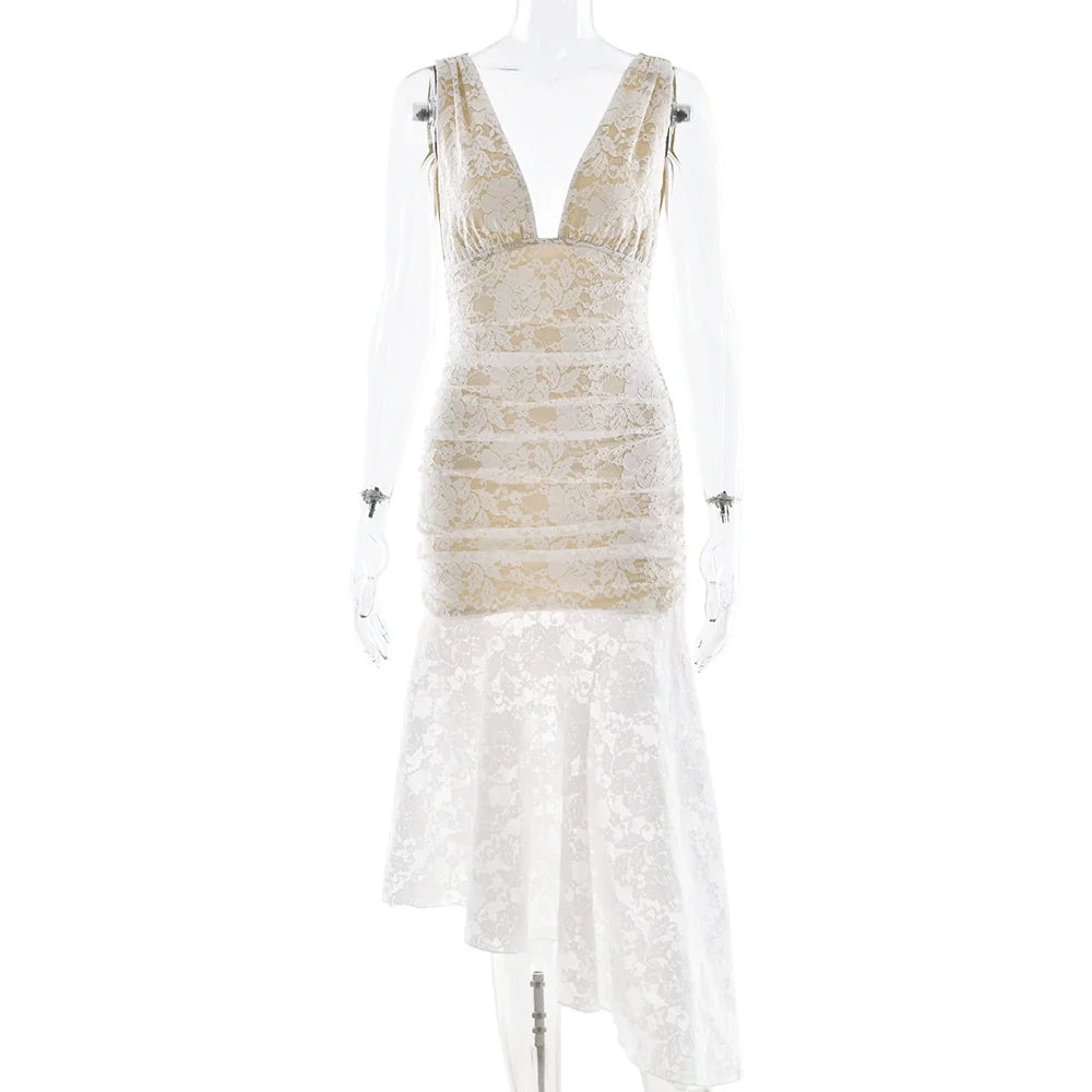 Kaliah Lace Ruched Asymmetric Dress