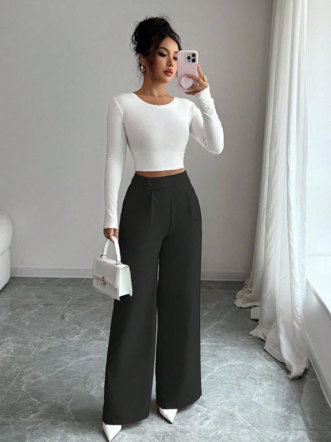 Button Waist Patchwork Wide Leg Pants