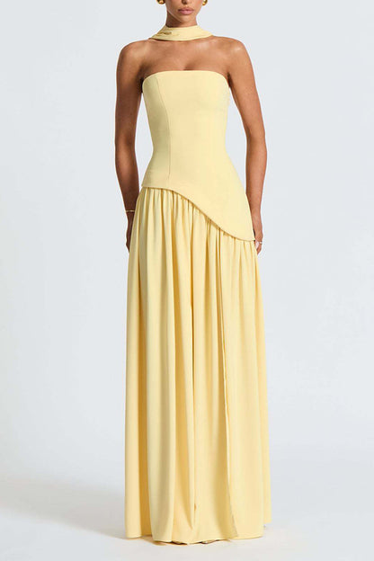Elegant Off Shopulder Chiffon Pleated Hem Scarf Slit Maxi Dress