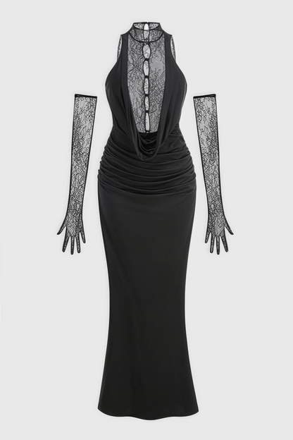 Lazze Black plunge Cowl Neck Maxi Dress
