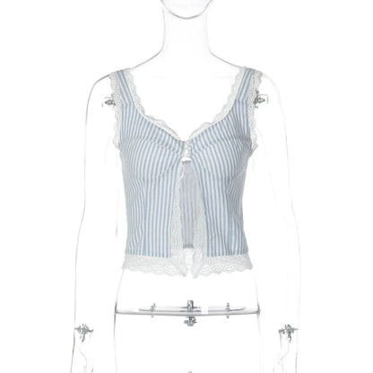 Lace Trim Striped Button Camisole