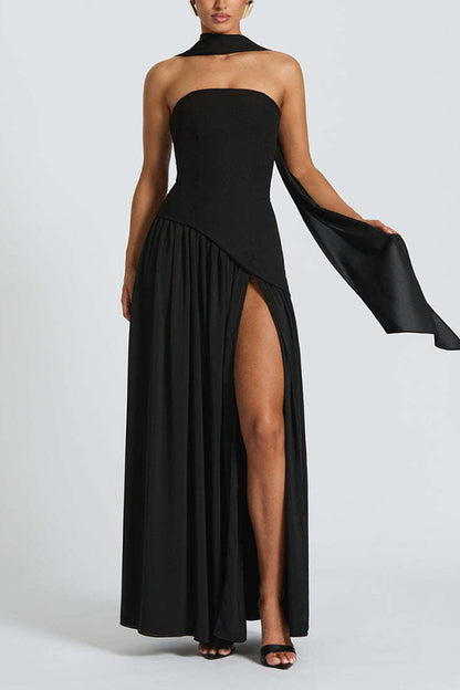 Elegant Off Shopulder Chiffon Pleated Hem Scarf Slit Maxi Dress
