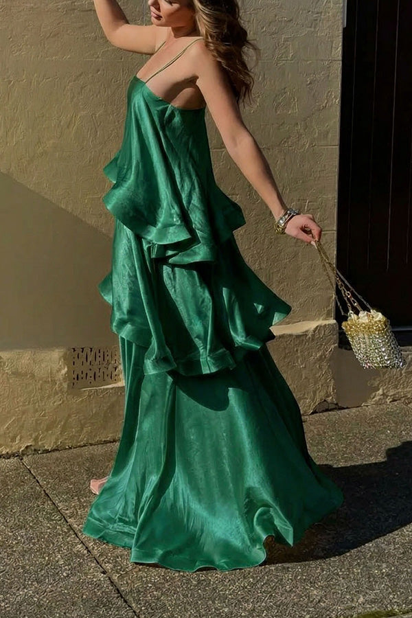 Soft and Smooth Satin Tiered Slip Square Neck A-line Maxi Dress