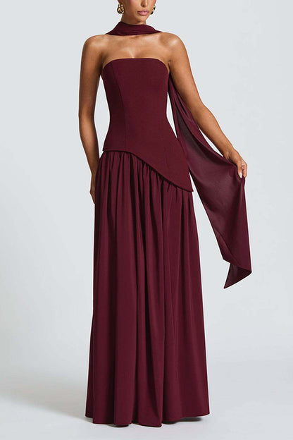 Elegant Off Shopulder Chiffon Pleated Hem Scarf Slit Maxi Dress