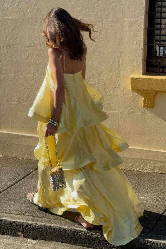 Soft and Smooth Satin Tiered Slip Square Neck A-line Maxi Dress