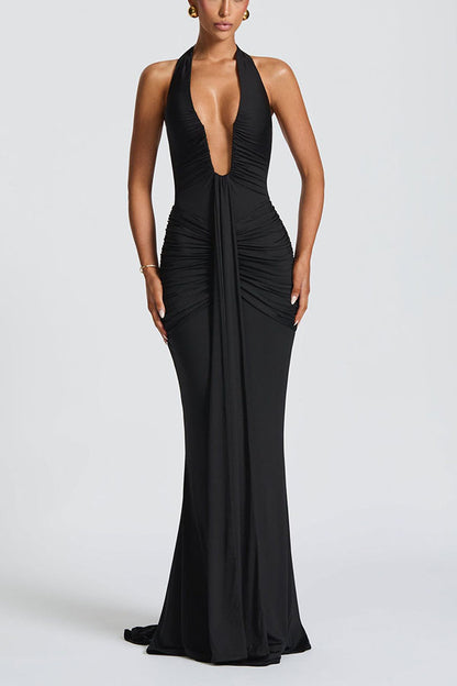 Solid Color Elegant Halterneck V-neck Open Back Tie Gathered Maxi Dress