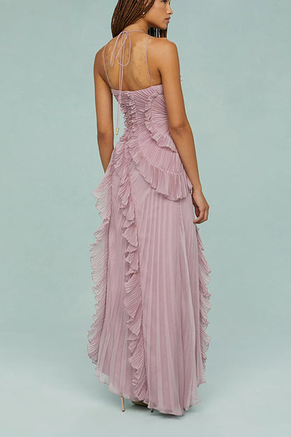 Strappy Halter Neck Ruffle Trim Asymmetric Hem Pleated Maxi Dress