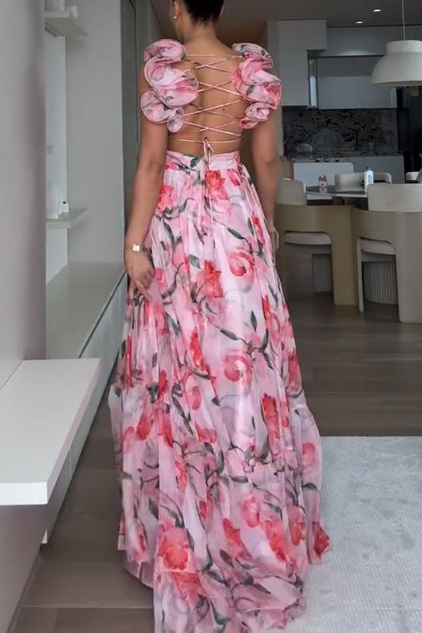Whimsy Grace Tulle Floral Ruffle Detail Back Lace-up Pleated Maxi Dress