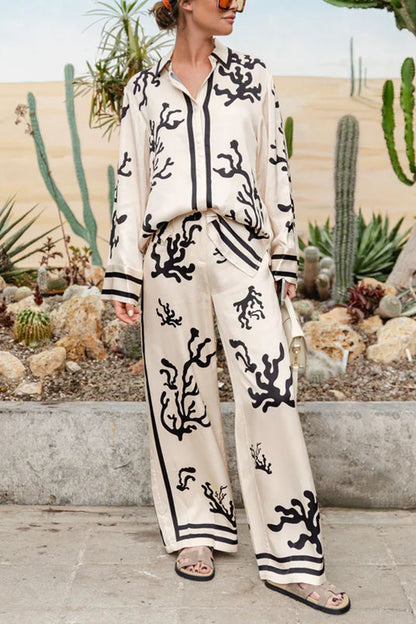 Light and Comfortable Satin Unique Print Elastic Waist Pocketed Wide Leg Pants