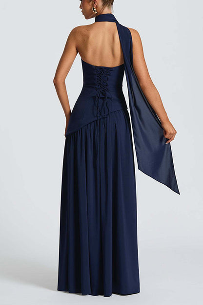  Strapless Back Lace-up High Slit Splice Maxi Dress