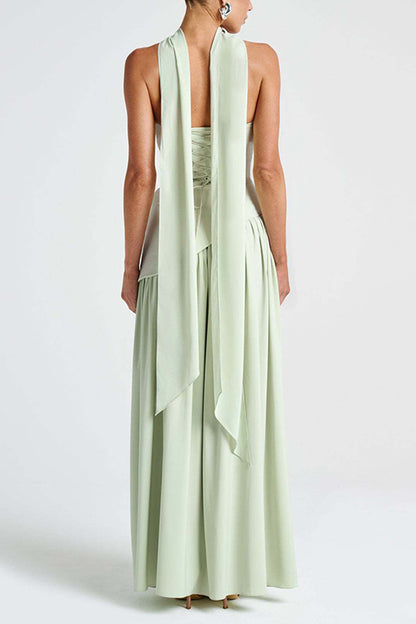  Strapless Back Lace-up High Slit Splice Maxi Dress