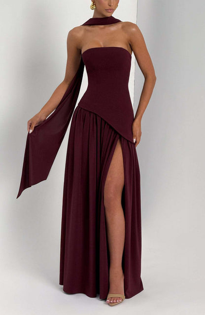  Strapless Back Lace-up High Slit Splice Maxi Dress
