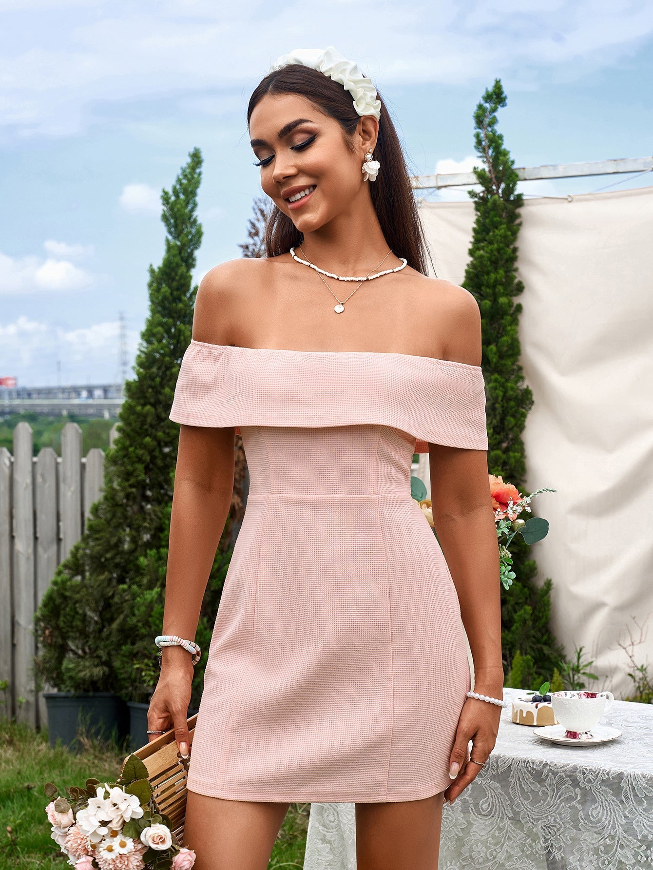 Off Shoulder Zipper Back Waffle Mini Dress