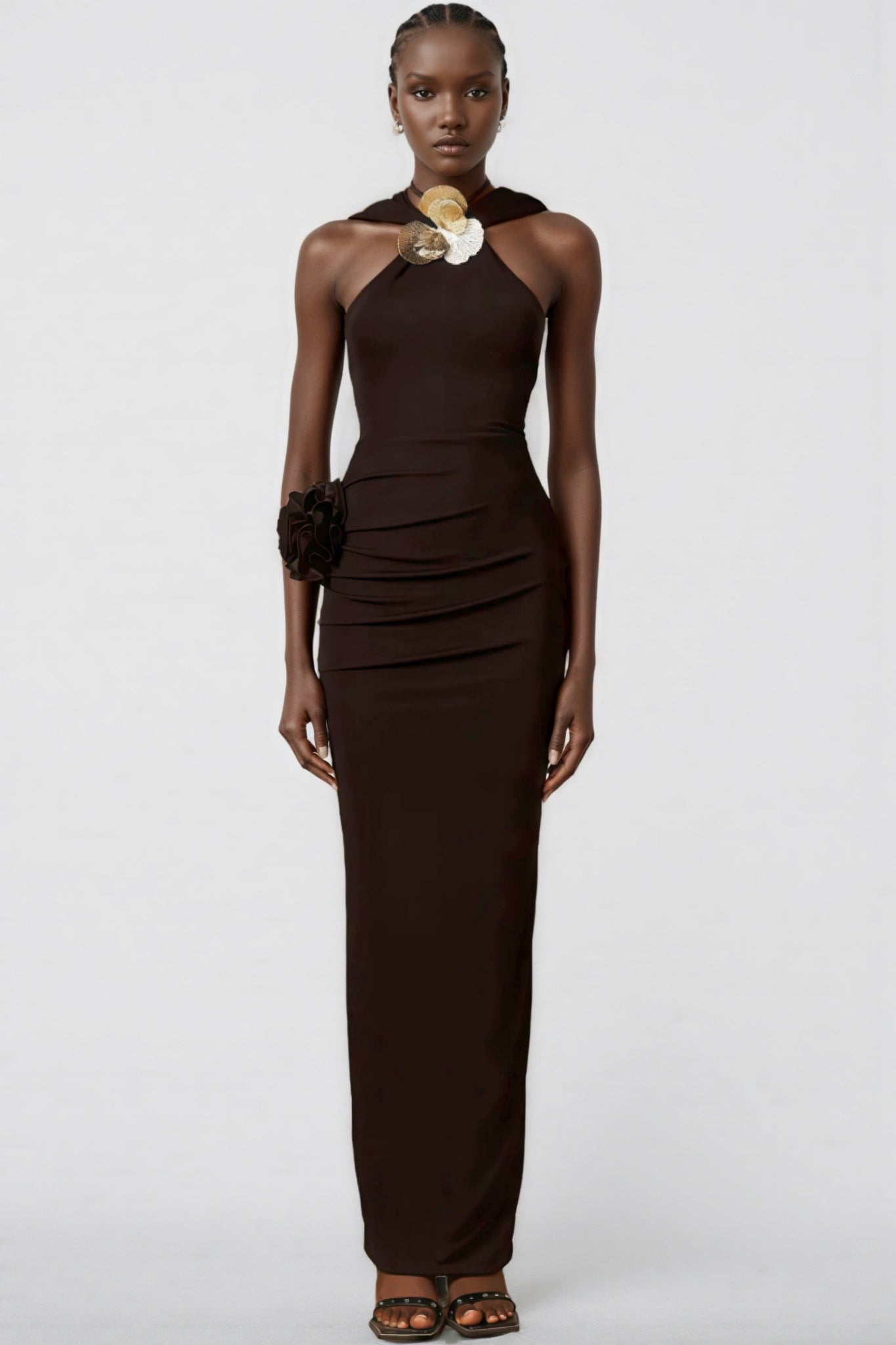 Jaylee Metal 3D Flower Hooded Midi Dress