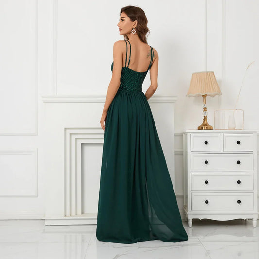 Green Off Shoulder Tassel Sequin Evening Dress Sexy Cross Back Party Dress