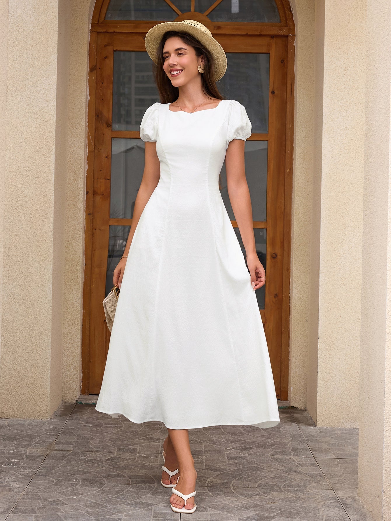 Puff Sleeve Backless Bow Tie Pocket Long Dress
