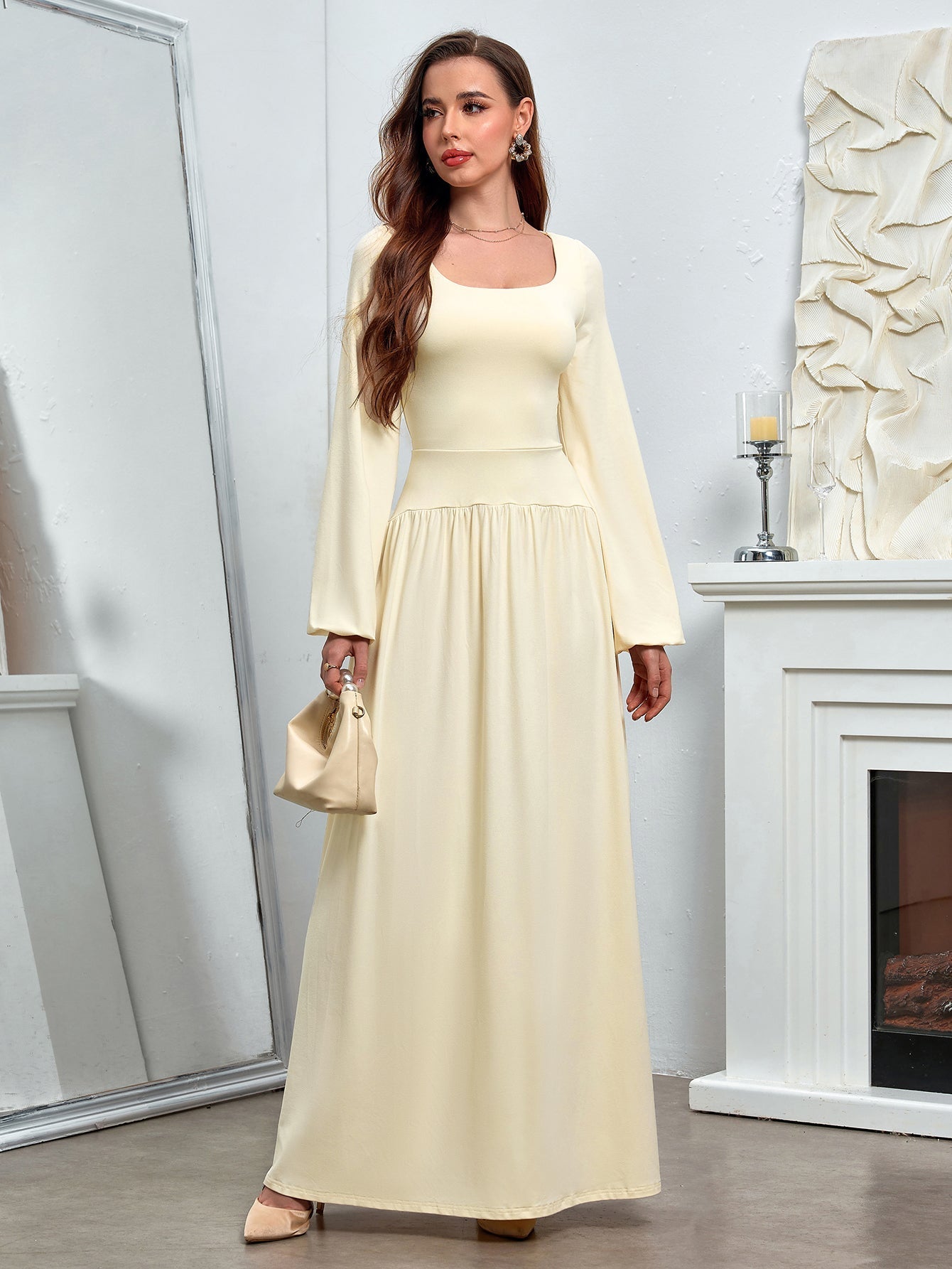 Puff Sleeve Square Neck Flared Bodycon Long Dress