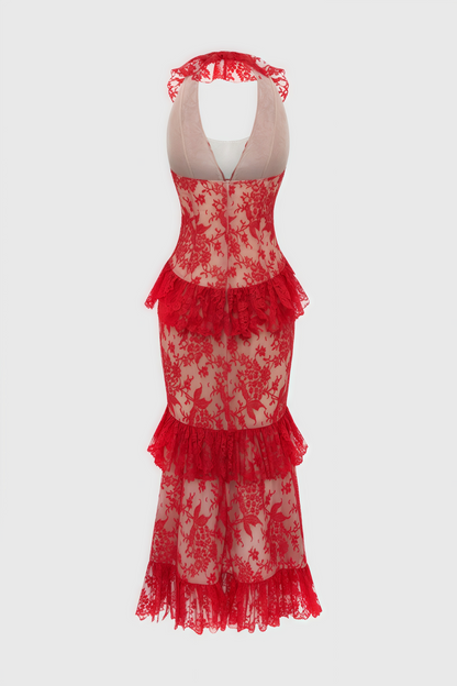 Gracd Backless Lace Ruffled Midi Dress