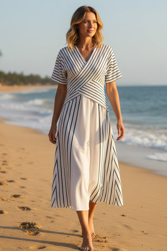 V Neck Striped Print Patchwork Dress