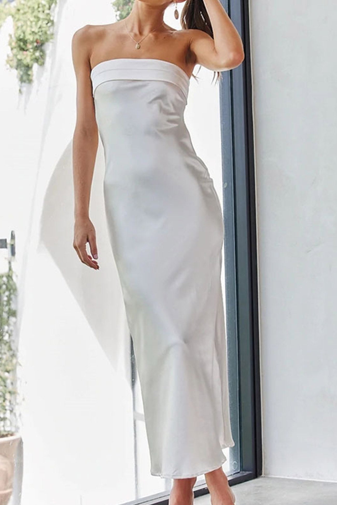 Satin Solid Color Strapless Midi Dress