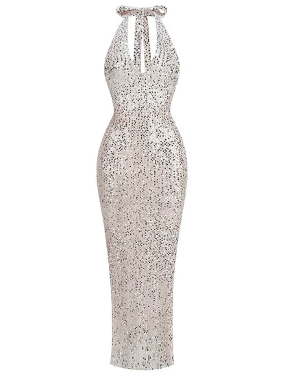 Sexy Halter Neck Lace-up Sparkly Sequins Silver Black Backless Party Dress