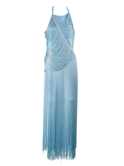 Sexy Halter Sleeveless Tassel Patchwork Bandage Dress Backless Fringe Party Dress