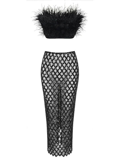 Sexy Luxury Sequins Feather Strapless Top Skirt Two Piece Set Party Dress