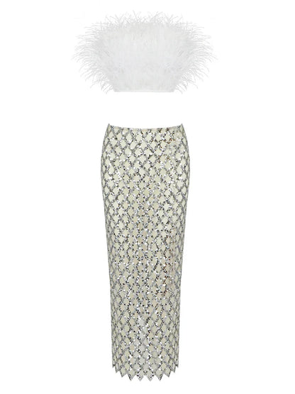 Sexy Luxury Sequins Feather Strapless Top Skirt Two Piece Set Party Dress